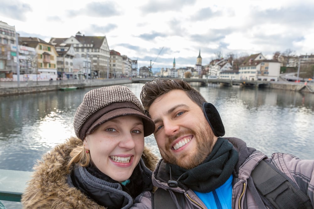 Beautiful Couple taking a selfie photo in Zurich, Switzerland